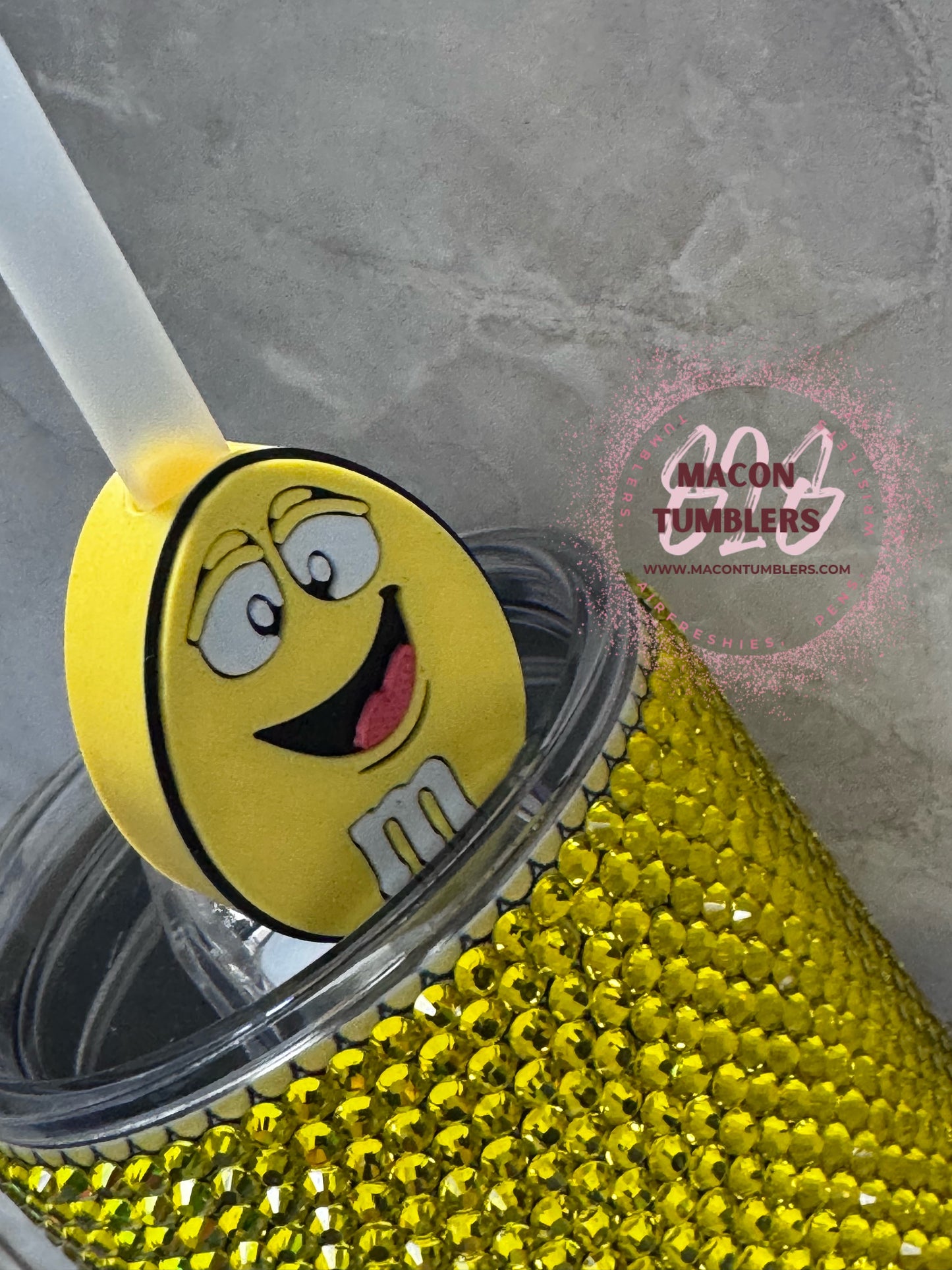 Yellow M&M Inspired Rhinestone 20 oz Skinny Tumbler with Matching Straw Charm
