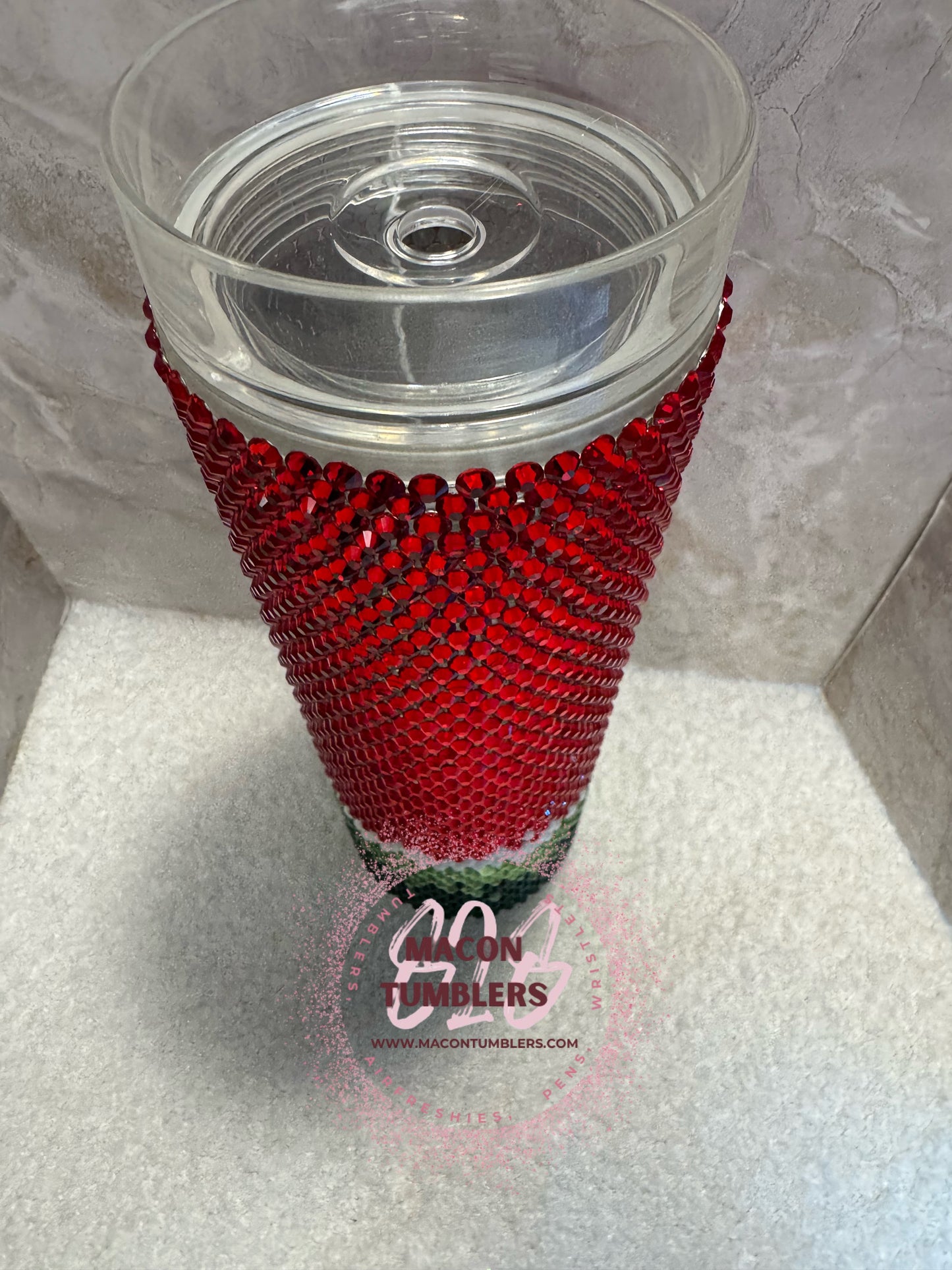 22oz Straight Rhinestone Plastic Tumbler – Watermelon Inspired Bling Cup with Lid