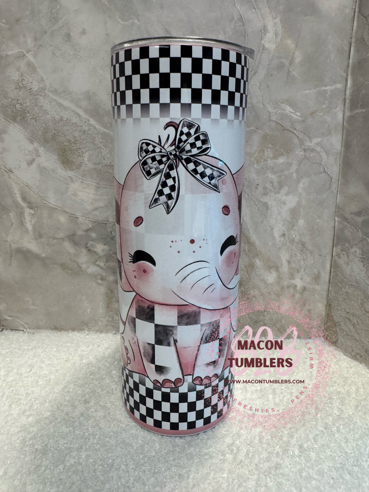 Elephant Checkered Tumbler & Matching Beaded Pen Set – 20oz Cute Gift Bundle