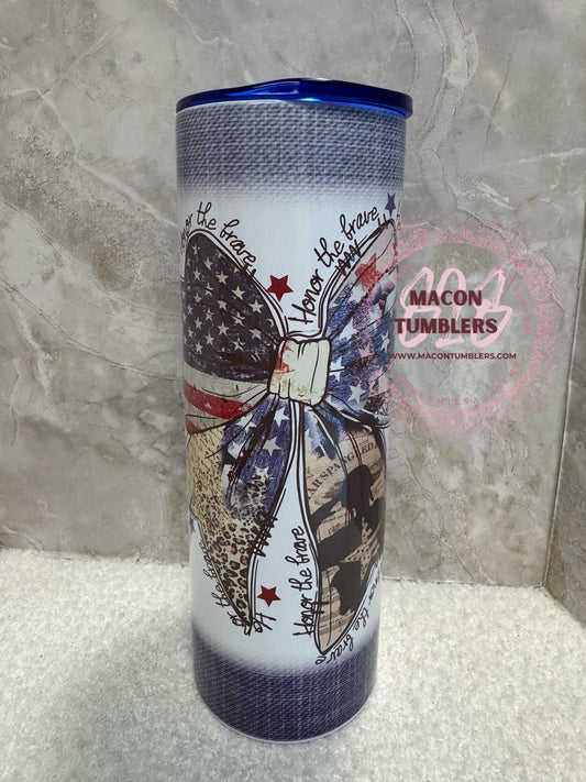 Honor the Brave American Flag Bow Tumbler – 20oz Skinny Sublimation Tumbler
