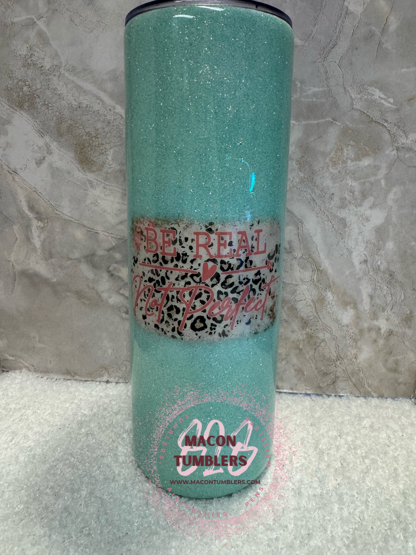 20oz Glitter Epoxy Tumbler – “Be Real Not Perfect” Leopard Accent Cup