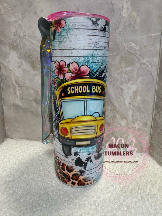 20oz School Bus Sublimation Tumbler Set with Beaded Pen & Beaded Straw Charm – Teacher Gift