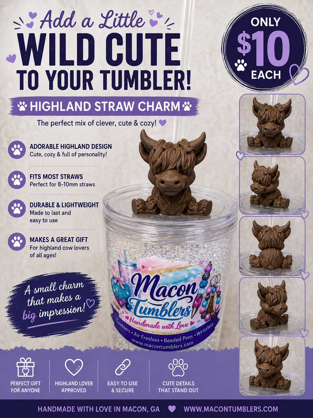 Highland Cow Flexi 3D Printed Straw Charm