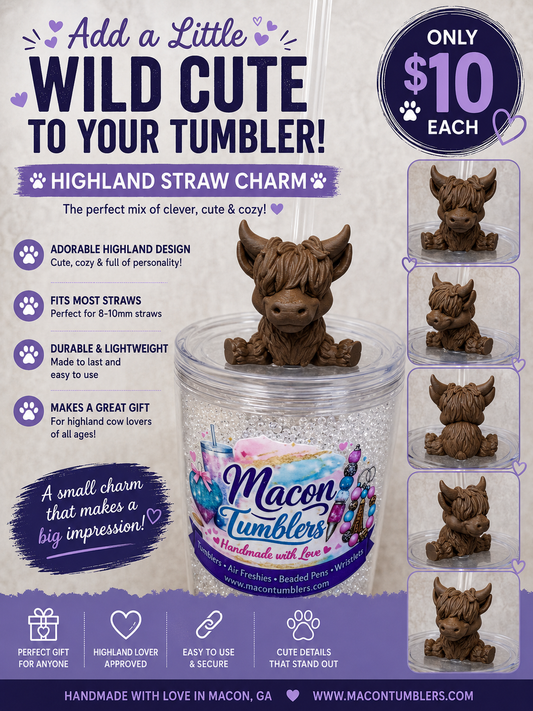 Highland Cow Flexi 3D Printed Straw Charm