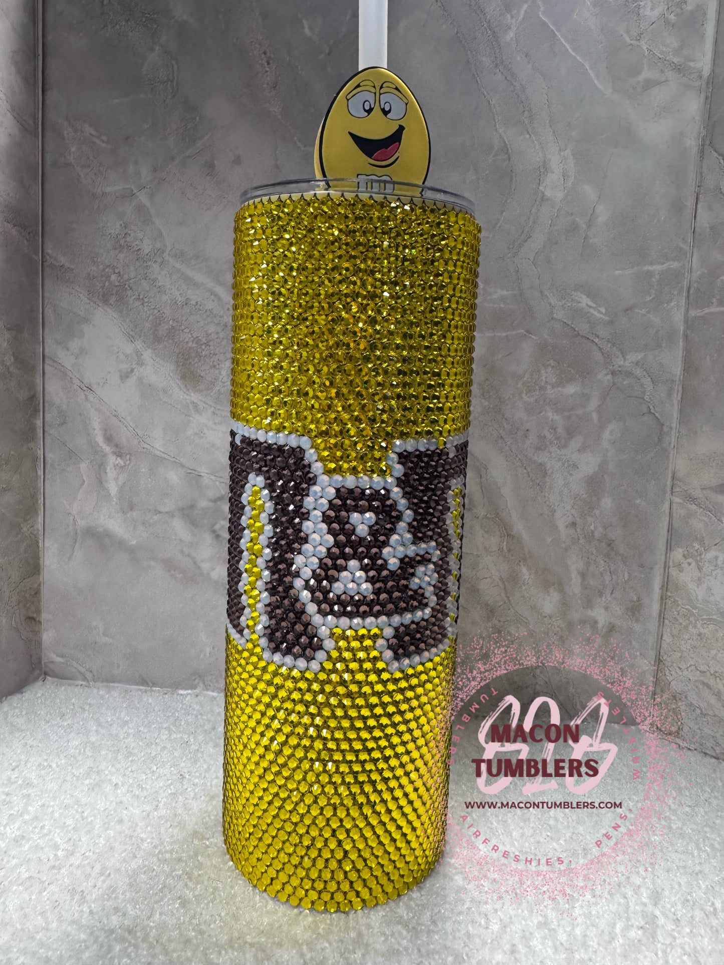 Yellow M&M Inspired Rhinestone 20 oz Skinny Tumbler with Matching Straw Charm