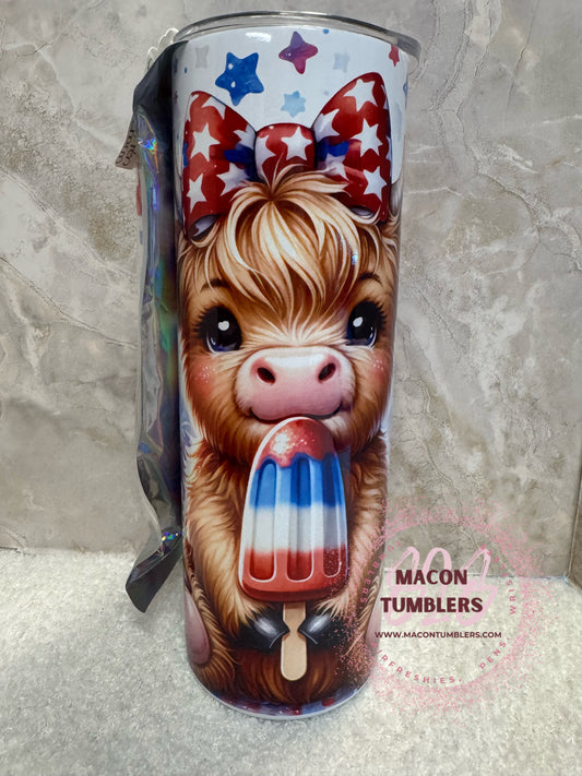 20oz Highland Cow Patriotic Sublimation Tumbler Set with Beaded Pen & Beaded Straw Charm
