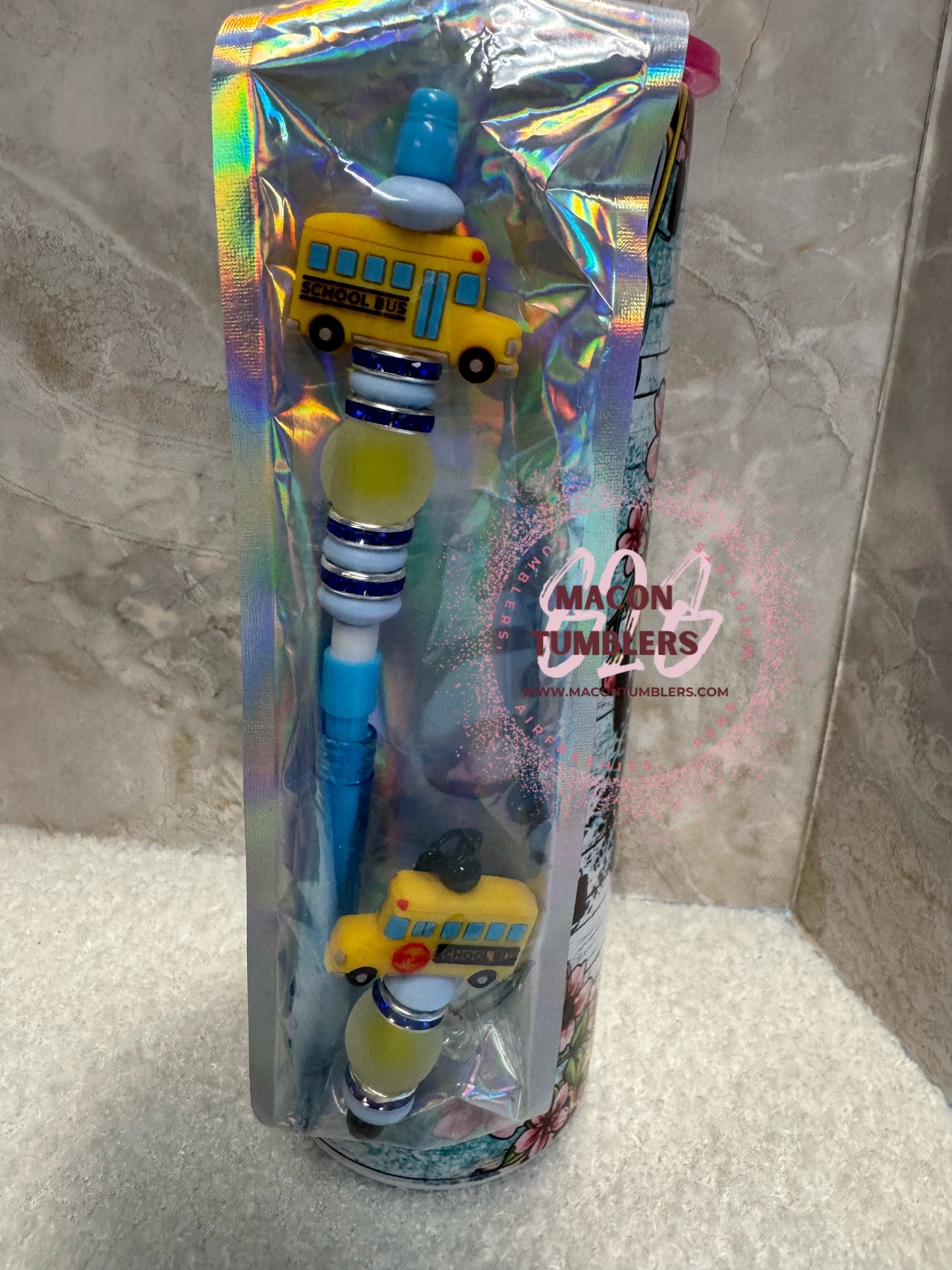 20oz School Bus Sublimation Tumbler Set with Beaded Pen & Beaded Straw Charm – Teacher Gift