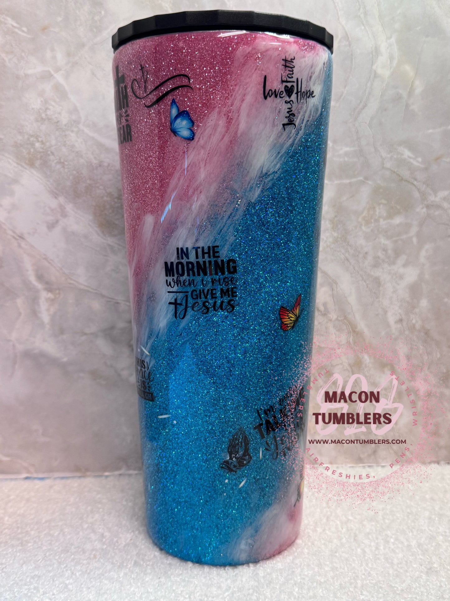 20 oz Faith Inspired Glitter Tumbler – Pink & Blue Christian Stainless Steel Tumbler