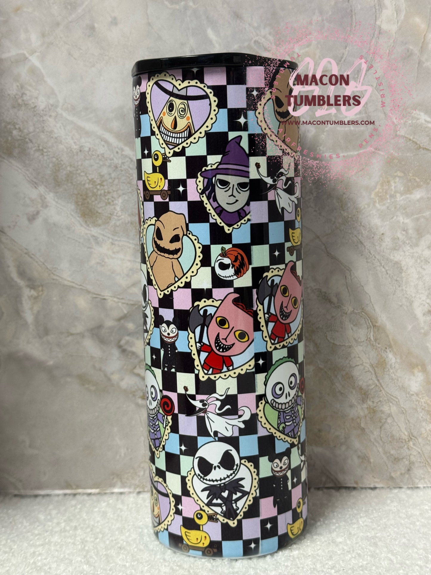 Spooky Cutie 20oz Tumbler – Pastel Goth Character Checkered Design