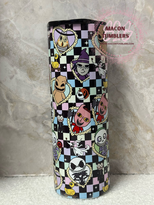 Spooky Cutie 20oz Tumbler – Pastel Goth Character Checkered Design