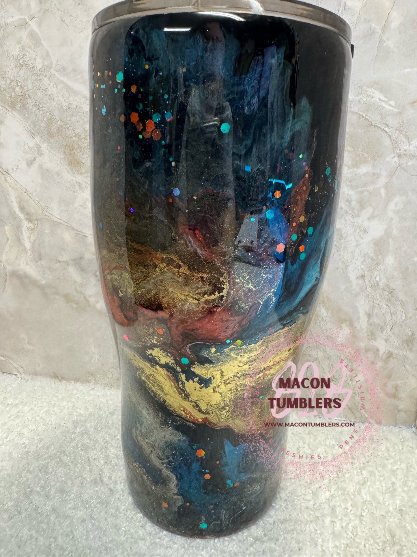 30oz Ink Art Curved Tumbler – Black, Gold & Teal Abstract Epoxy Cup
