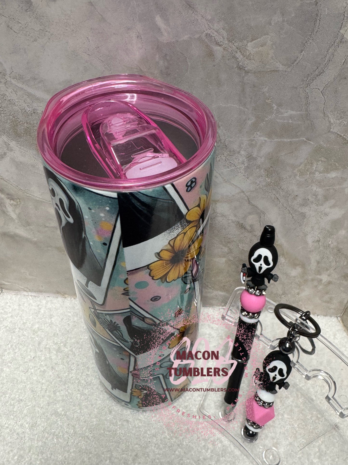 20oz Ghost Face Floral Sublimation Tumbler Set with Beaded Pen & Keychain – Spooky Cute Cup