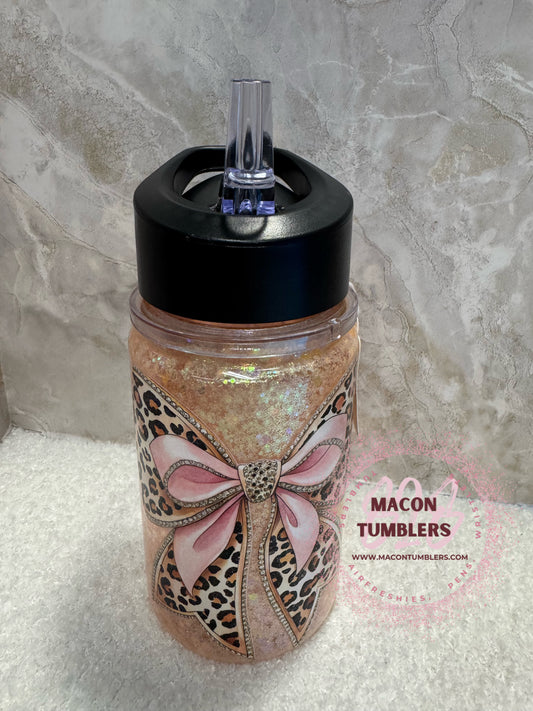 10oz Glitter Leopard Bow Plastic Water Bottle – Kids Flip Top Tumbler