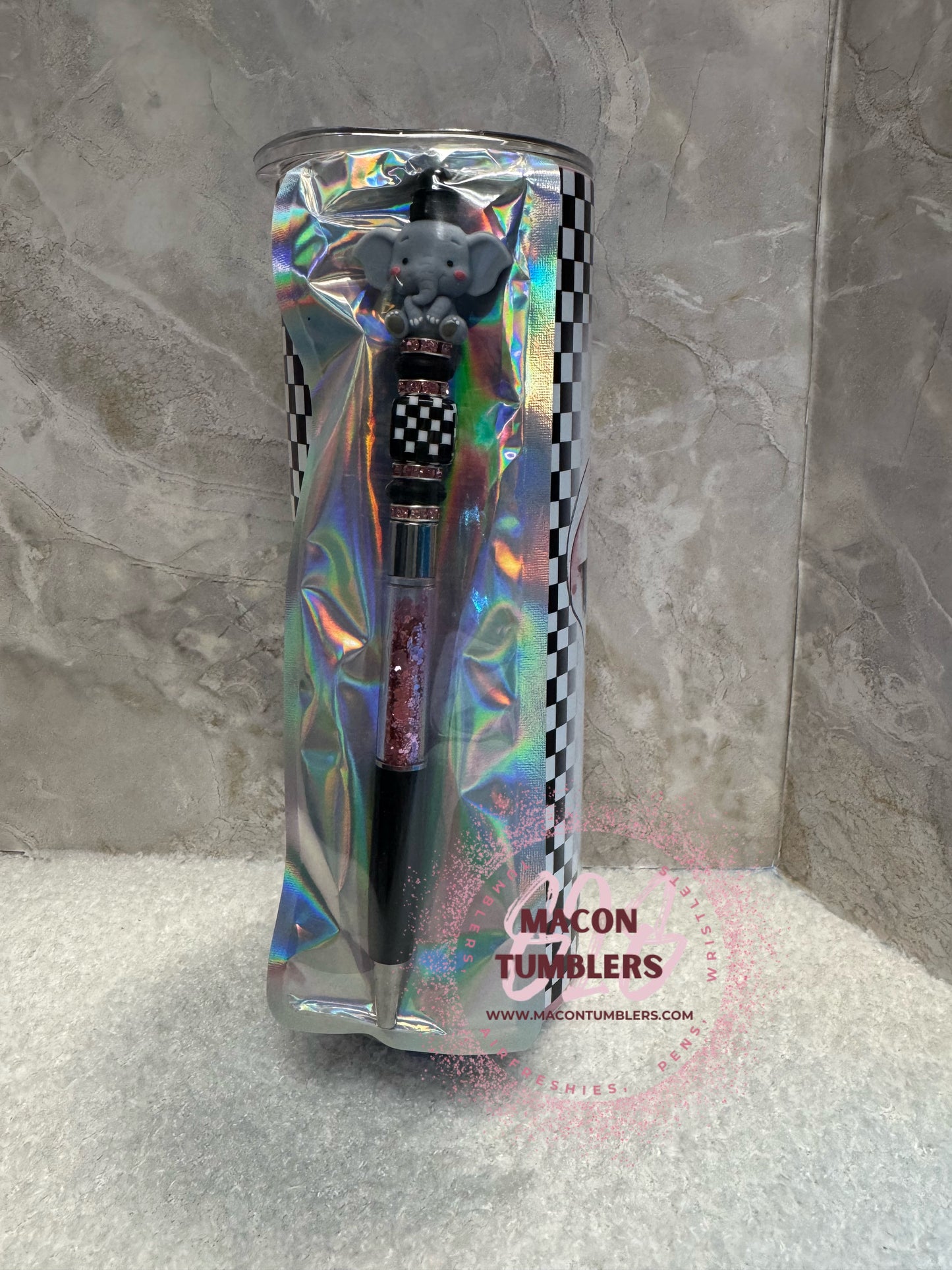 Elephant Checkered Tumbler & Matching Beaded Pen Set – 20oz Cute Gift Bundle
