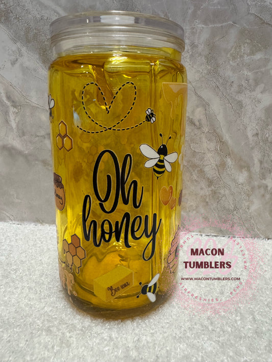 Oh Honey Bee Glass Tumbler – 16oz Honey Drip Design Cup with Lid