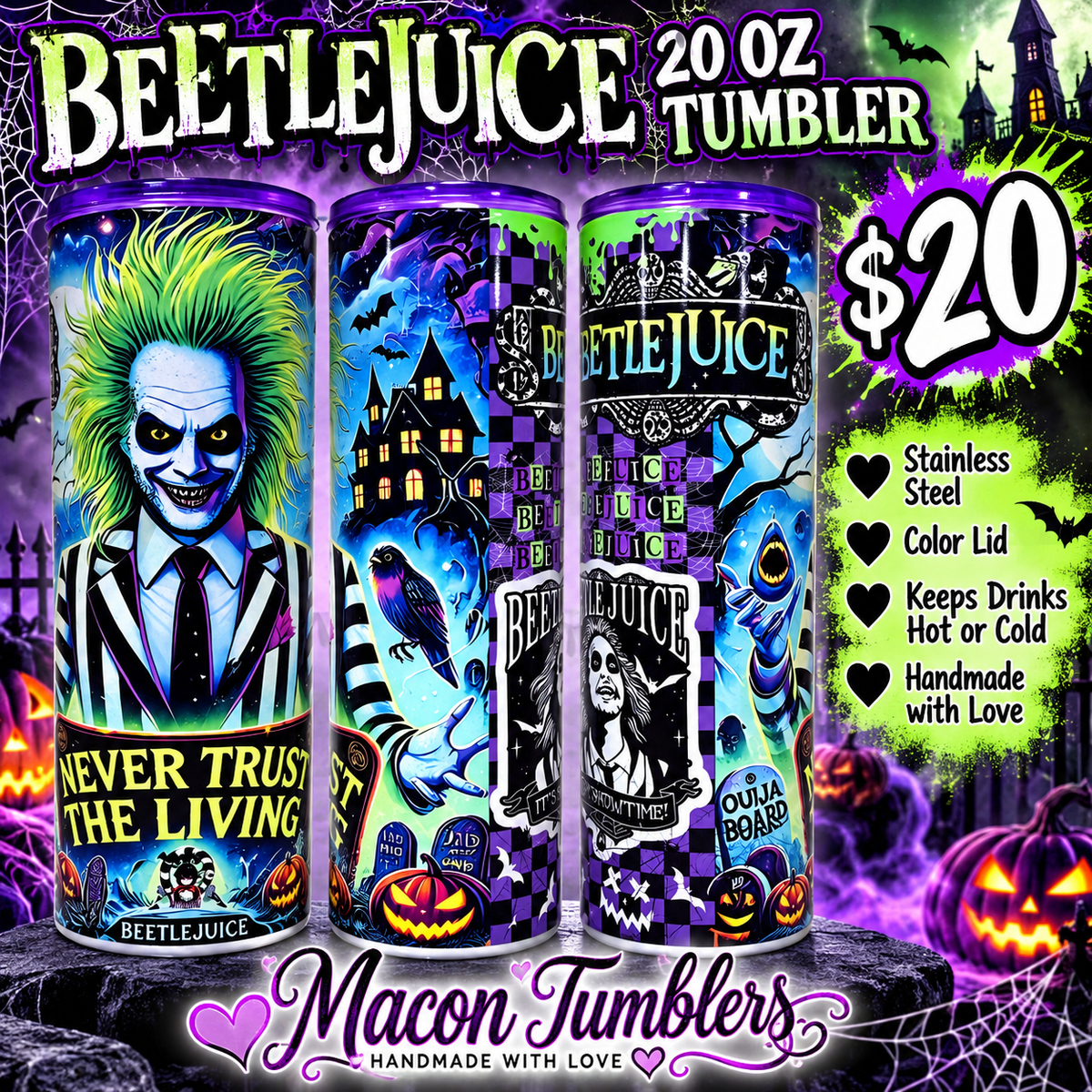 Beetlejuice 20 oz Stainless Steel Tumbler with Purple Lid