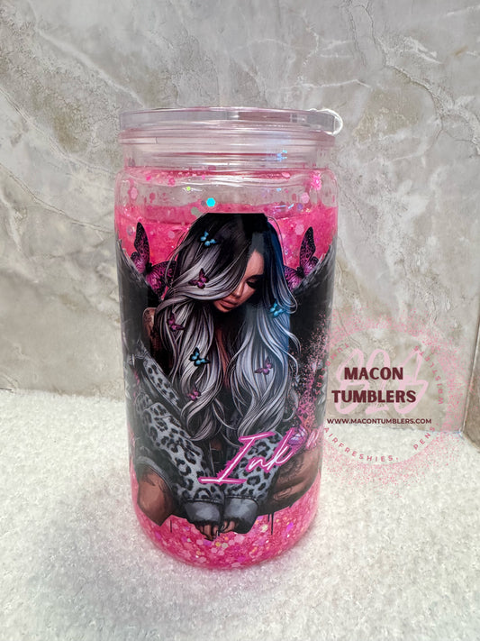 16oz Pink Butterfly Snowglobe Plastic Libbey Cup – Custom Glitter Can Tumbler