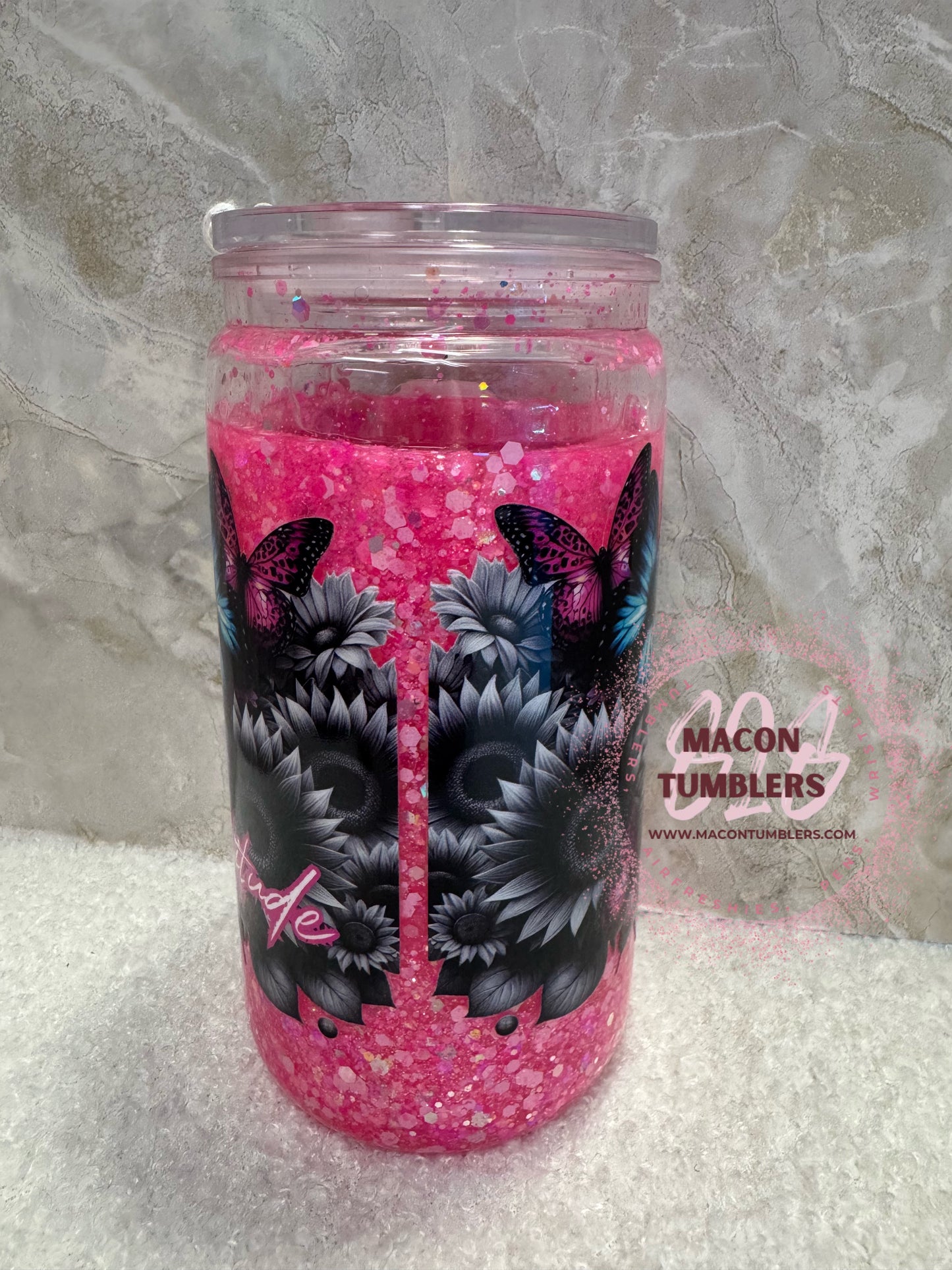 16oz Pink Butterfly Snowglobe Plastic Libbey Cup – Custom Glitter Can Tumbler