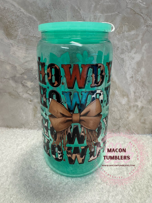 16oz Teal “Howdy” Libbey Glass Can – Western Cow Print Bow Tumbler