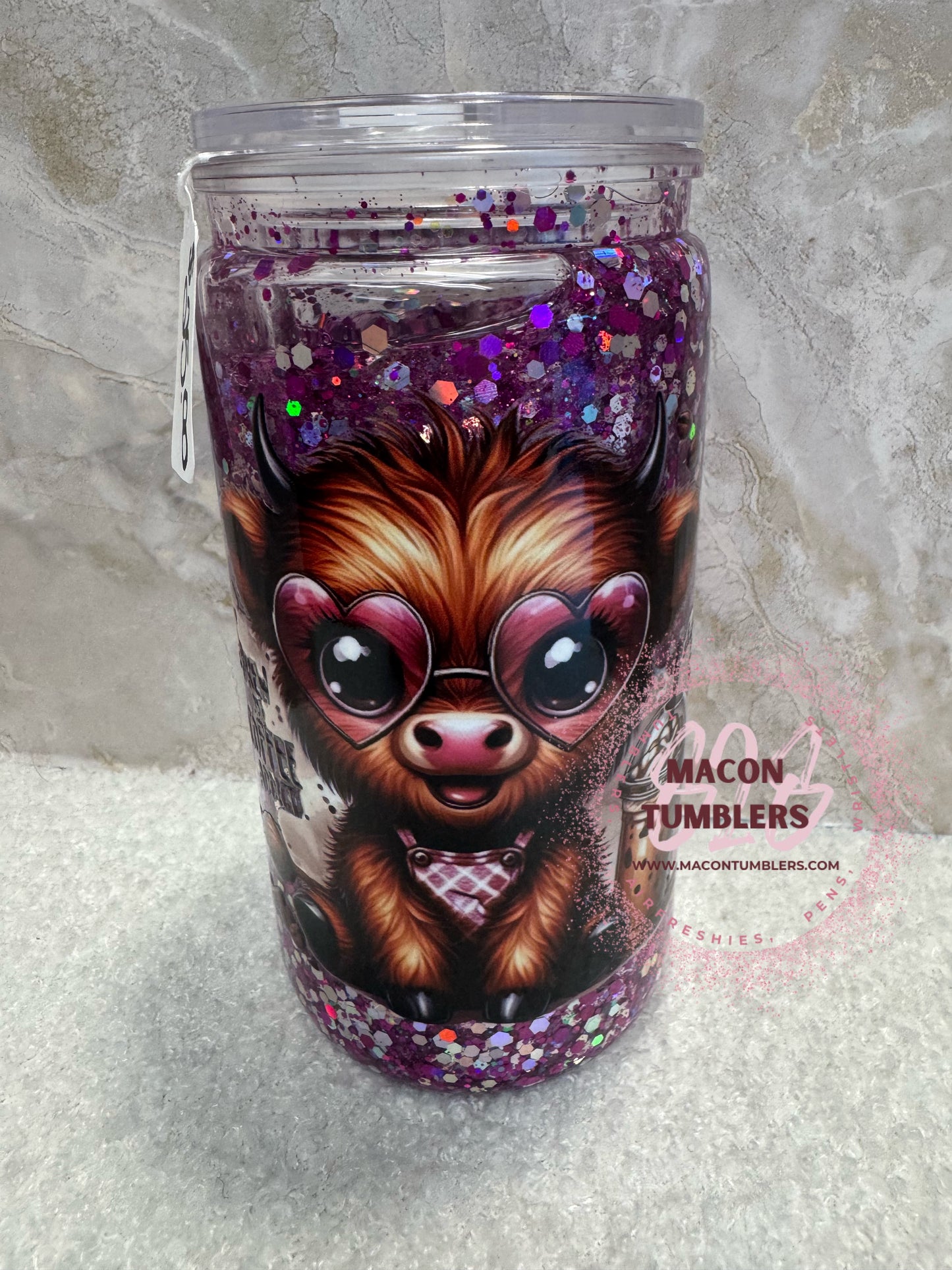 Purple Glitter Snow Globe Highland Cow Tumbler – 16oz Can