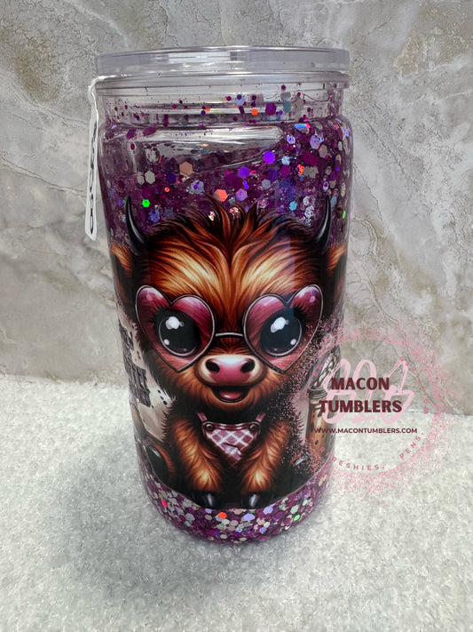 Purple Glitter Snow Globe Highland Cow Tumbler – 16oz Can