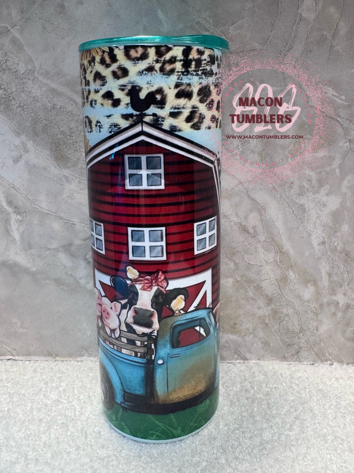 Farmhouse Red Barn & Vintage Blue Truck 20 oz Skinny Tumbler | Farm Animal Sublimated Tumbler