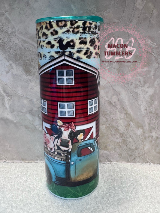 Farmhouse Red Barn & Vintage Blue Truck 20 oz Skinny Tumbler | Farm Animal Sublimated Tumbler