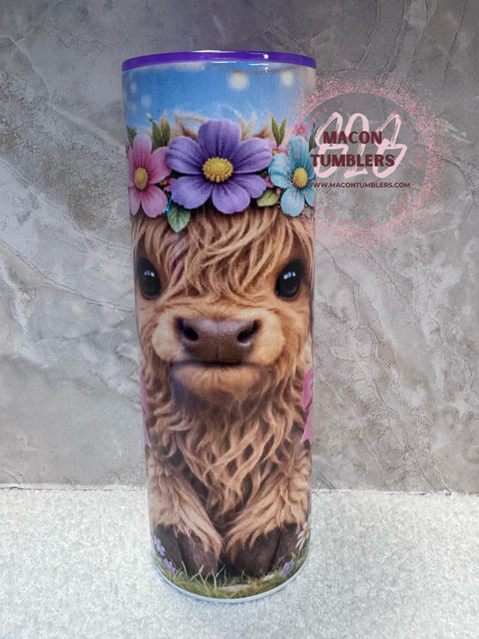 Highland Cow with Purple Floral Crown 20 oz Skinny Tumbler | Sublimated Tumbler