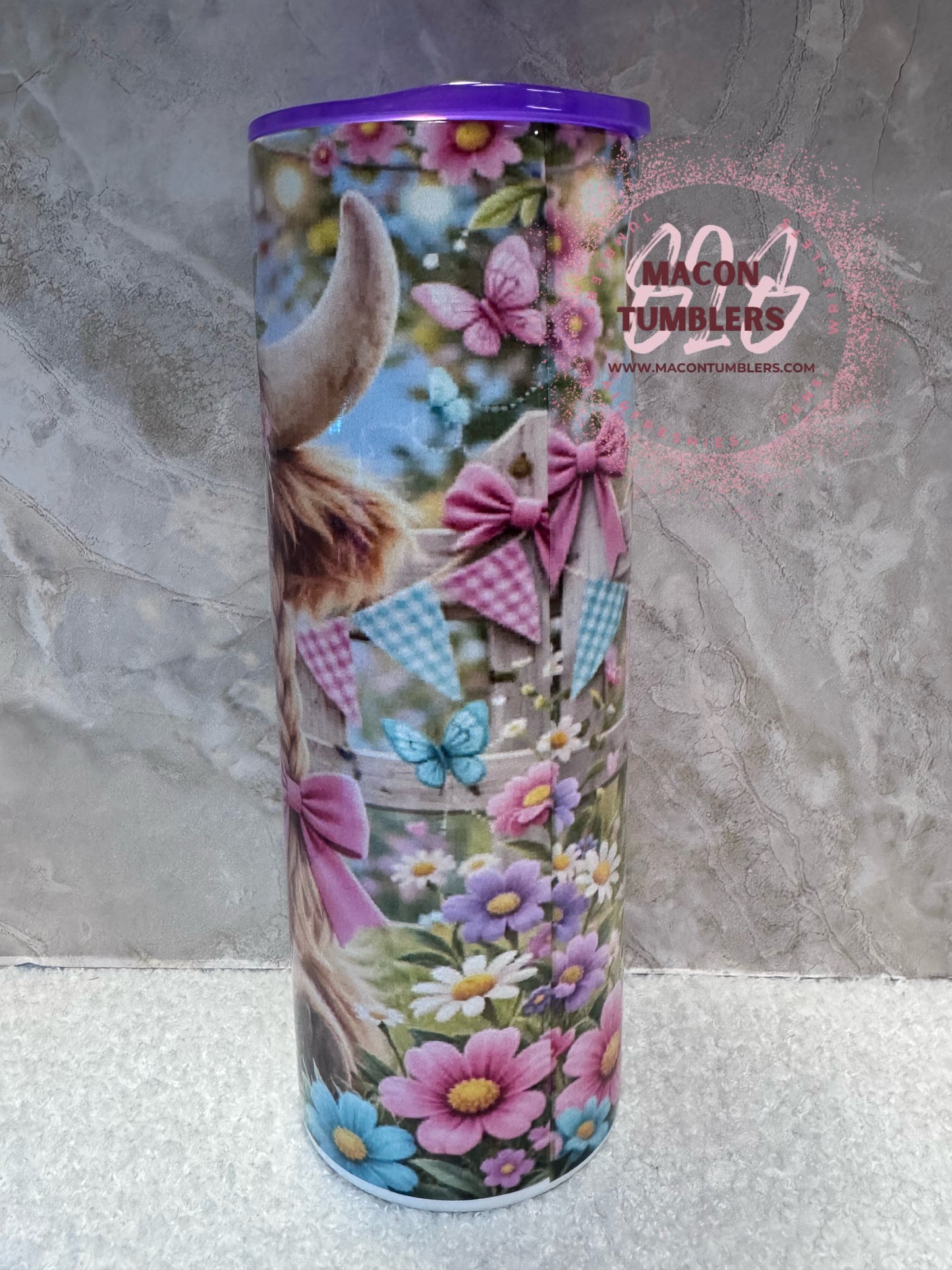 Highland Cow with Purple Floral Crown 20 oz Skinny Tumbler | Sublimated Tumbler